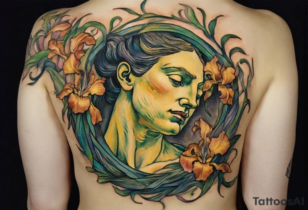 Create a colorful Vincent van Gogh Irises tattoo with an ancient Greek female statue in the middle. The tattoo should take the form of a crescent, with vines gracefully intertwining at a central point in the middle of the wreath.  The intended placement is on the upper chest. The overall design should be small in size while maintaining a delicate and artistic aesthetic. Pay attention to the graceful flow of the vines and the placement of the irises to achieve a refined and elegant look. tattoo idea