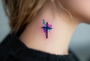 Abstract Watercolor Cross – A small black cross outlined in watercolor splashes of purple, blue, and pink, fading gently into the skin in the upper part of a neck, for a vibrant, artistic look. tattoo idea