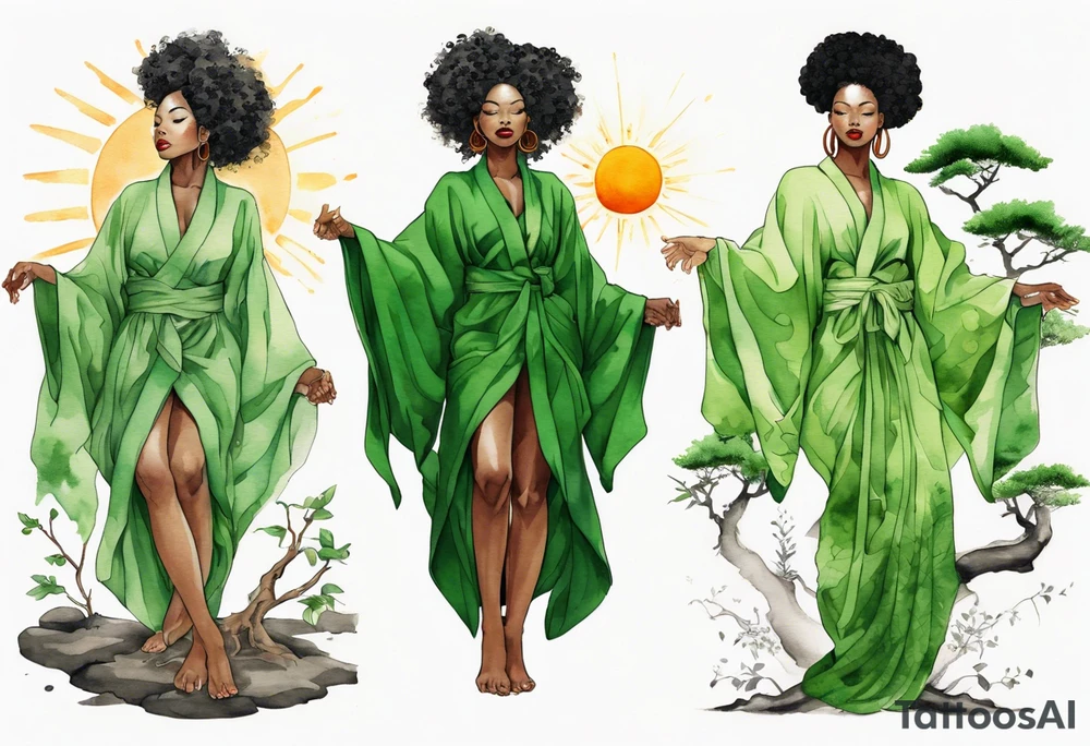 a beautiful black woman wearing a green robe with legs that turn into tree roots, arms raised towards the sun tattoo idea