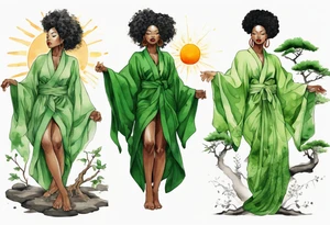 a beautiful black woman wearing a green robe with legs that turn into tree roots, arms raised towards the sun tattoo idea