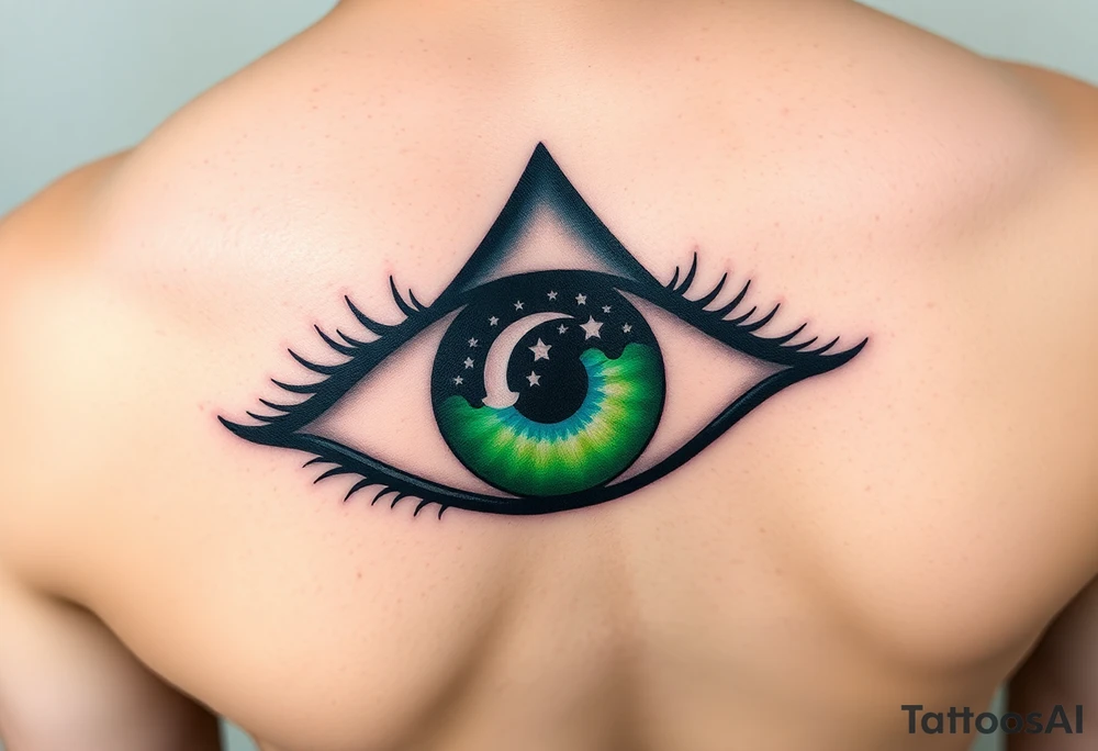 Large almond shaped outline of an eye with an eyeball in the shape of an ace of spades long black eyelashes eyecolored greenish blue vivid colors like green blue purple with a crescent moon stars and clouds inside of the eyeball tattoo idea