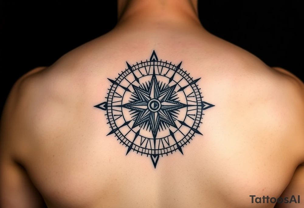Geometric compass merged with mechanical engine design, compass rose showing different emotional/mental states instead of directions, needle that points to current state, engine runs on discipline/sacrifice but compass ensures correct navigation, pressure chambers only activate when compass shows balanced position, represents using pain as fuel ONLY when properly oriented, geometric patterns show harmony when aligned, disrupted patterns when off-balance, black and grey with subtle brass/gold for compass elements, symbolizes the wisdom to pause and recalibrate before taking action, upper arm placement tattoo idea