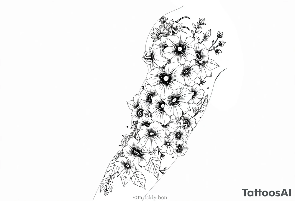 Full sleeve tattoo design of larkspur and hawthorn flowers, highly detailed line art, black ink, elegant botanical style, intertwined composition, no shading, no human mock-up, clean stencil style suitable for tattooing, fit fully within boundaries. LINE ART ONLY, REMOVE HUMAN, NO SKIN, NO ARM, NO HUMAN BODY PARTS tattoo idea
