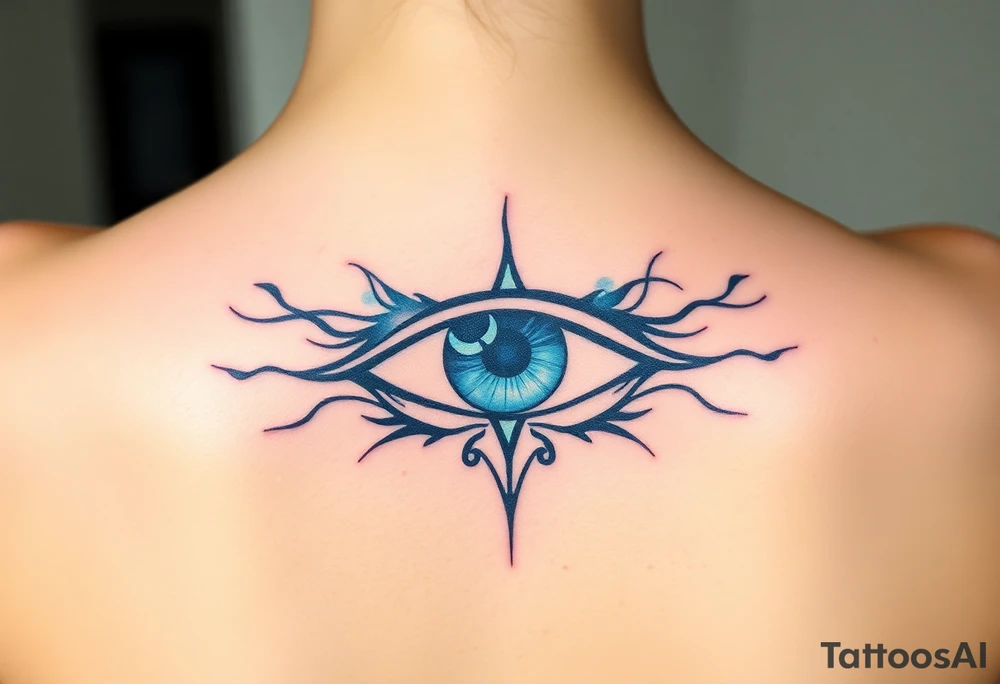 An Erudite eye symbol with glowing blue veins, representing sci fi movie Divergent tattoo idea