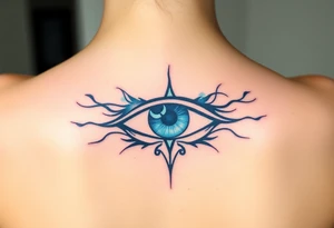 An Erudite eye symbol with glowing blue veins, representing sci fi movie Divergent tattoo idea