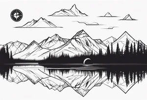 rocky mountains, compass, lake, reflection, linear tattoo idea