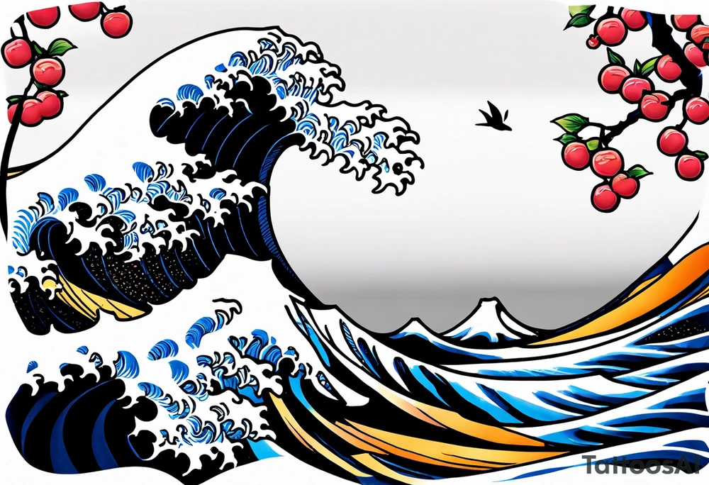 Hokusai great wave, inside two black lines, with some cherry trees. Tattoo for a man' s wrist tattoo idea