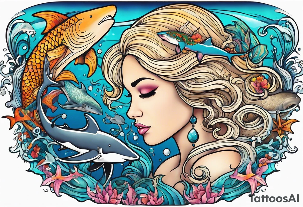 Blond mermaid swimming with sharks and whales tattoo idea