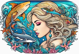 Blond mermaid swimming with sharks and whales tattoo idea