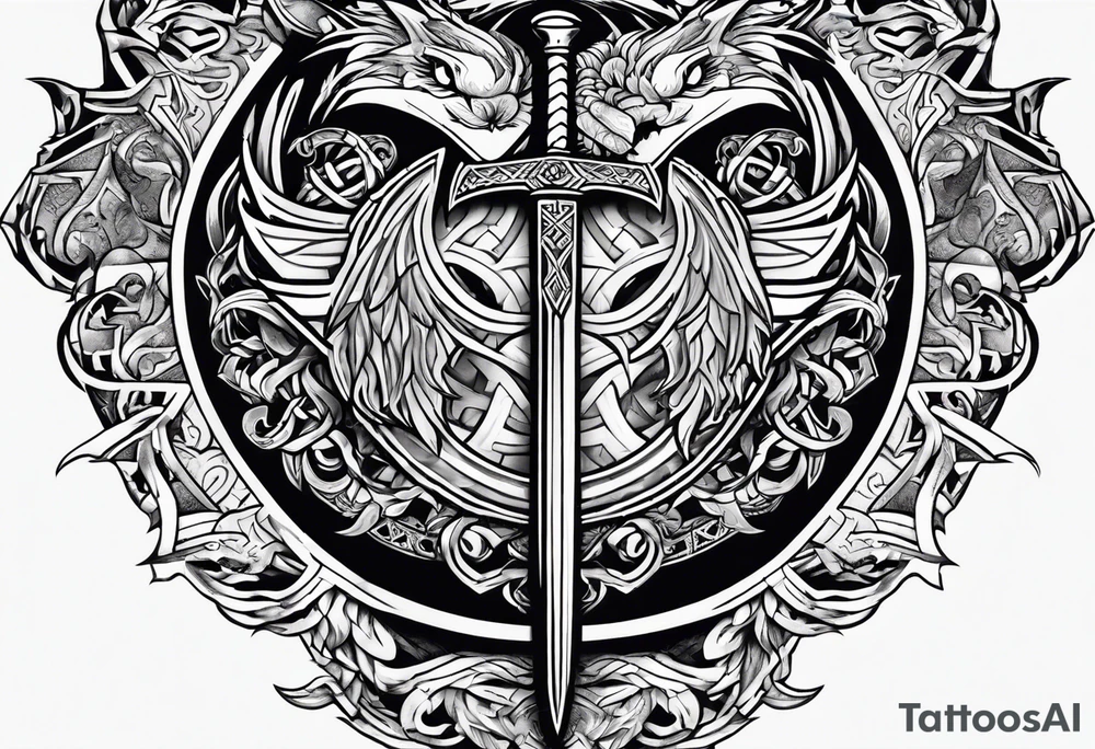 Valhalla sword shield dragon axe Valknut tribal tattoo idea Valhalla sword shield dragon axe Valknut tribal tattoo idea