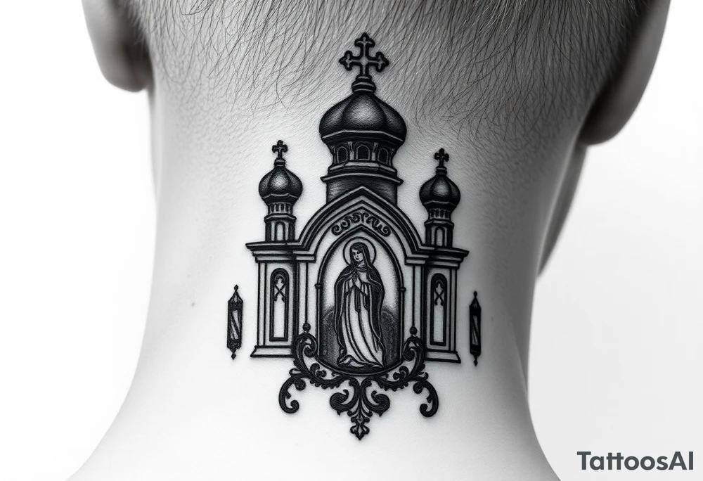 medium traditional russian orthodox church with a russian coat arms and virgin mary tattoo idea