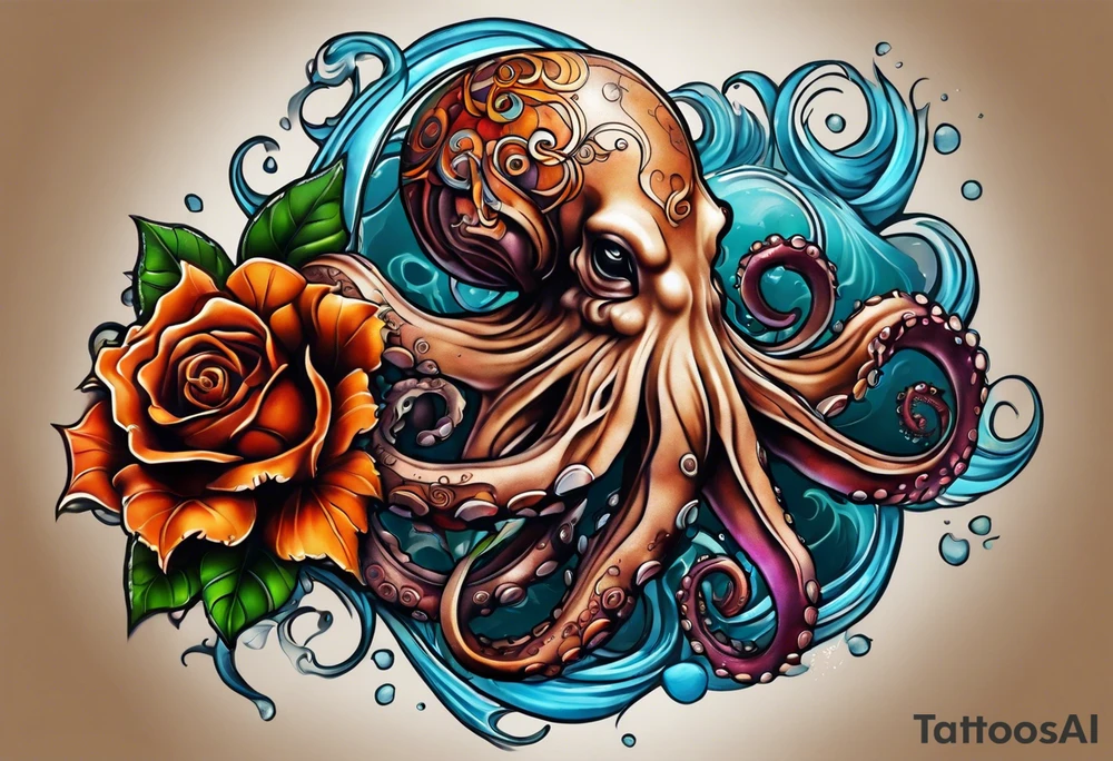 biomechanical Left thigh tattoo with an octopus in water swirls wrapping around rocks, a rose, in fall colors tattoo idea