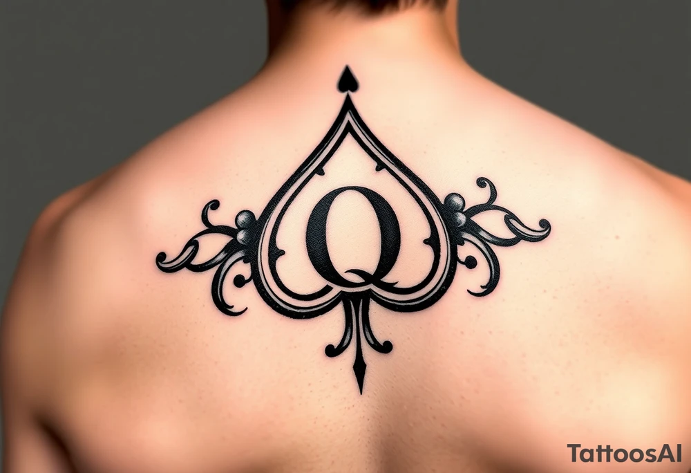 A spade womb tattoo with a Q in the center, with three points around the outside. The first reading, "BLACK". The second reading, "BABY". The third reading, "ONLY". tattoo idea