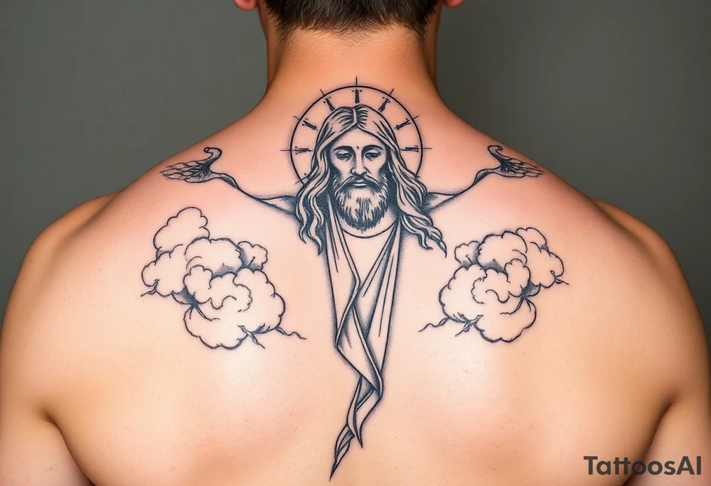 magestic christ with clouds black and white tattoo idea