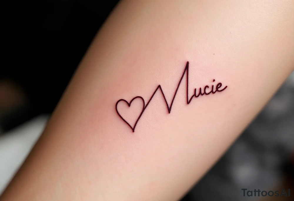 Delicate heartbeat line ending in "Lucie – 06.08.2016 v 2:22" in wine red ink. tattoo idea