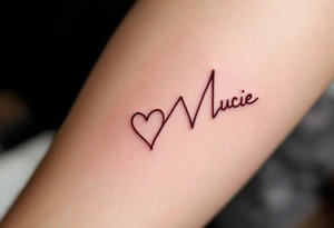 Delicate heartbeat line ending in "Lucie – 06.08.2016 v 2:22" in wine red ink. tattoo idea