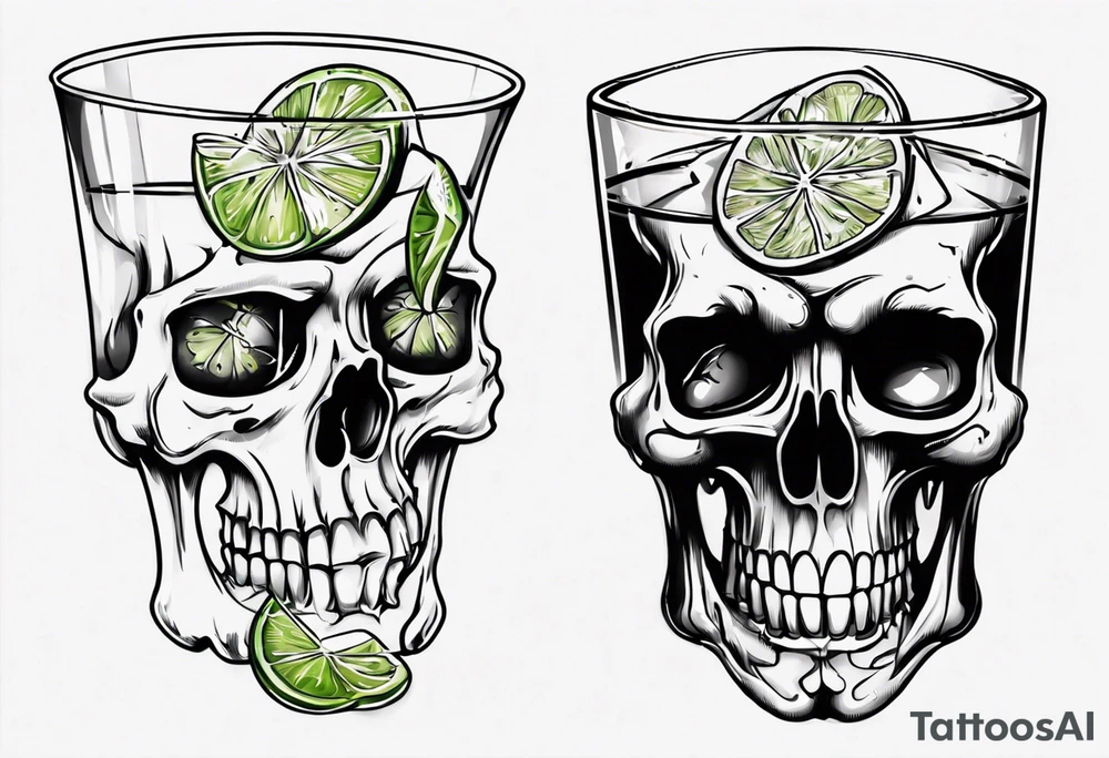 A smiling looking to the left scull inside the glass with alcohol and piece of lime tattoo idea