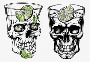 A smiling looking to the left scull inside the glass with alcohol and piece of lime tattoo idea