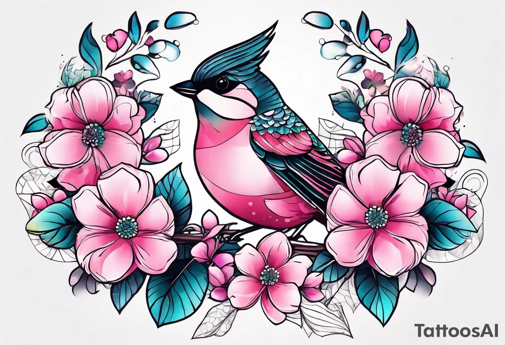 Small Pink flowers with decorative dott pattern, a bird and libra tattoo idea