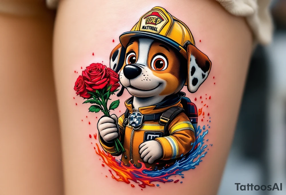 Marshall in firefighter gear, holding a bouquet of red roses in his paw, with fire and water elements blending around him in bright reds, oranges, and blues. The bouquet’s petals are detailed with gold highlights. tattoo idea