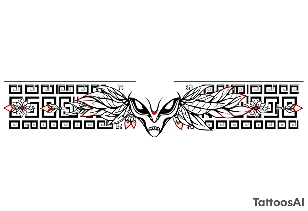 "Tattoo stencil, ultra-thin horizontal band (ratio 10:1), black and red line art. Fusion of:  
- Greek meander pattern,  
- Neo-tribal sharp angles,  
- Chinese dragon scales (black) and phoenix feathers (red),  
- Alien head (stylized as ancient Greek artifact with tribal dots and sharp angles).  

Hidden details: small Bagua trigrams in corners. Alien head integrated into the meander as a hidden symbol (subtle, not dominant). Seamless repeating pattern, NO background, perfect for forearm wrap-around.  

Style: intricate line art, inspired by ancient Greek pottery, dotwork tattoos, and neo-tribal geometry. All elements must harmonize — alien looks like part of the cultural fusion." tattoo idea