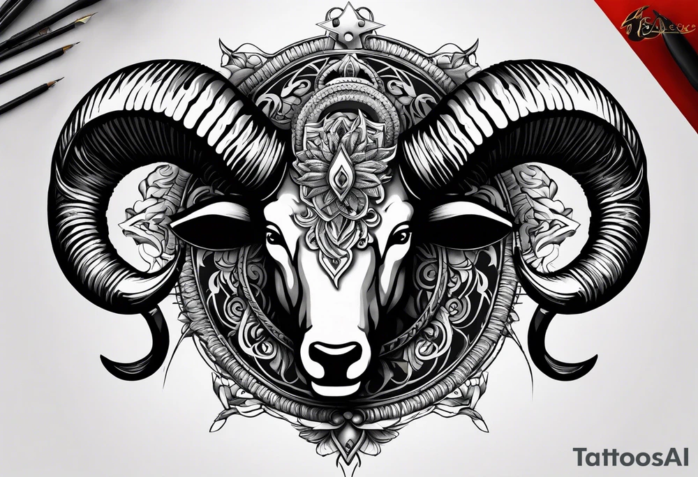 tattoo design containing the following objects: tattoo design containing the following subjects: ram's horns, warrior figure, angel tattoo idea