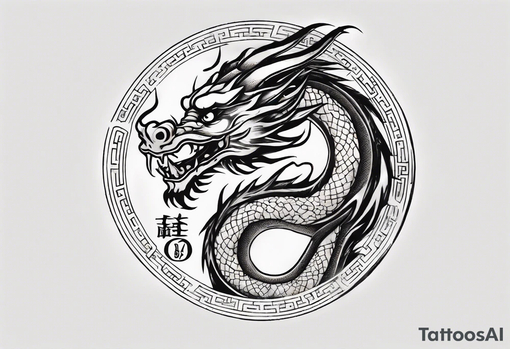 Chinese dragon in a circular shape with "02.03" written on its skin tattoo idea