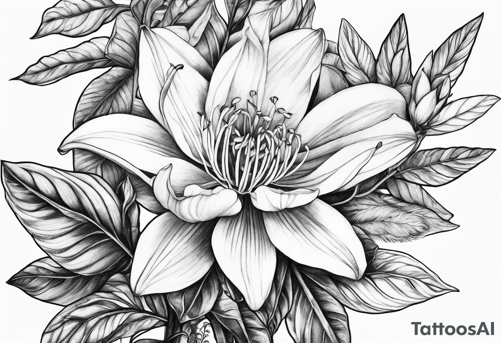 Botanical upper arm tattoo with natural and realistic looking honeysuckle with a long tailed tit perched on it tattoo idea