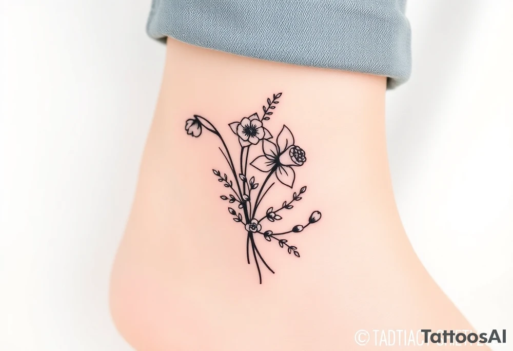 Bouquet of birth months flowers Lilly of the valley, daffodil, larkspur and Ilex aquifolium with berries tattoo idea