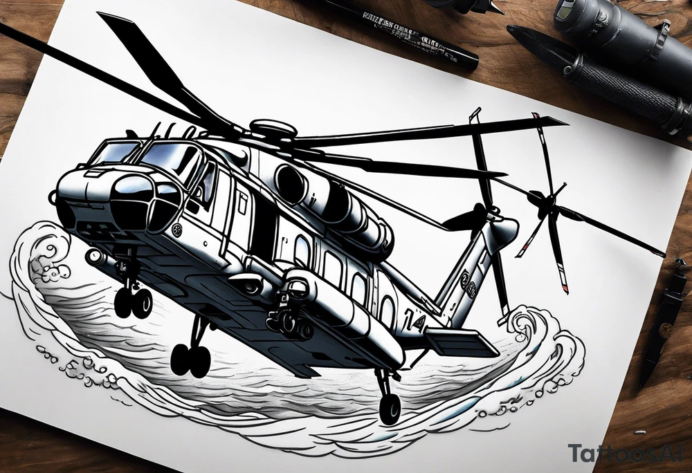 A cinematic-style tattoo depicting a Canadian military CH-148 Cyclone helicopter performing a daring maneuver over a turbulent ocean. The sky should be filled with dramatic clouds, and the sun should be setting, casting long shadows. The helicopter should be the main focus, with intricate details and a sense of motion tattoo idea