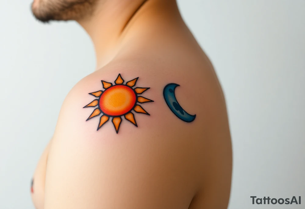 Matching sun and moon tattoos one for father and one for kid in warm orange and cool blue signify balance and harmony between father and kids. tattoo idea