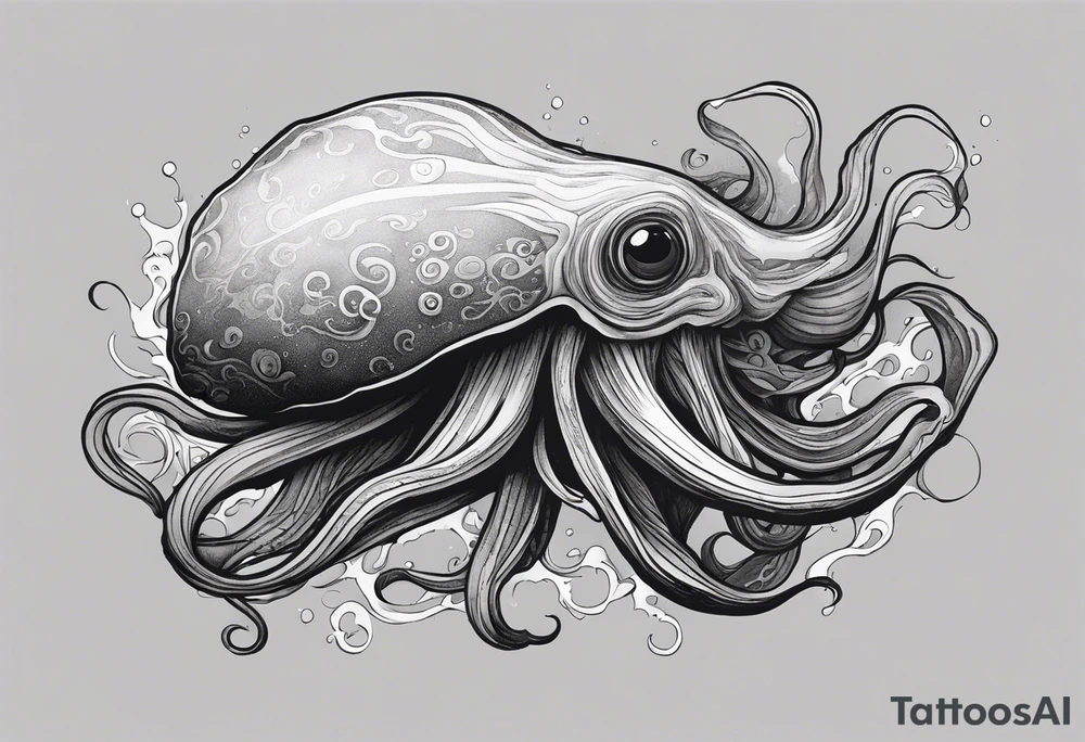 A visual representation of the horror squid concept, showing the squid becoming invisible in ink, its body turning black to blend in with its deep sea environment. The overall environment is dark, creating an eerie underwater atmosphere. tattoo idea