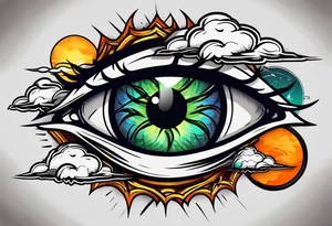 simple eyeball with a blue/green iris on top of dark stormy clouds with orange/yellow lightning coming from the clouds tattoo idea