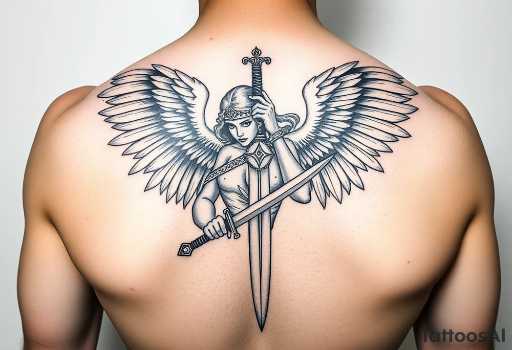 Fierce Female Angel warrior with dagger Greek mythology style with dark shading tattoo idea