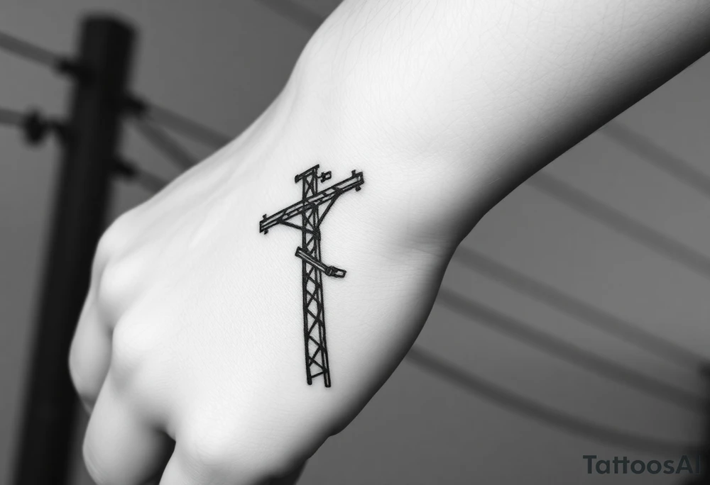 a wooden 12kv distribution pole with electrical lines. Make the pole a cross that has a hidden resemblance to god. tattoo idea