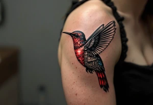 A hummingbird with one side appearing normal and the other side carved in Egyptian stone (red and black only) tattoo idea