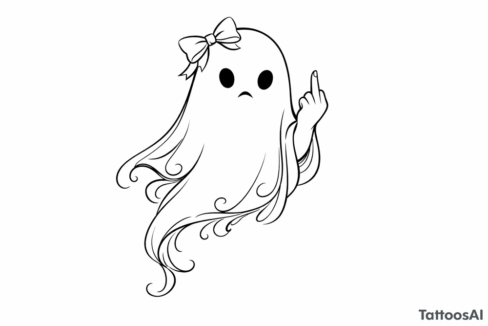 Minimalist line art of a ghost with a bow, giving the finger. tattoo idea