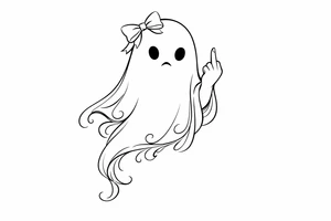 Minimalist line art of a ghost with a bow, giving the finger. tattoo idea