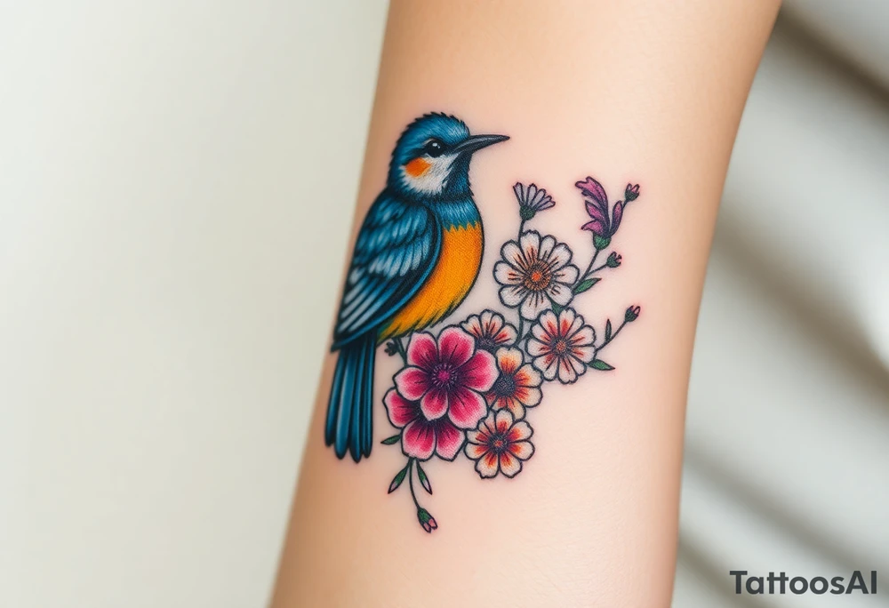 powerful majestic bluebird surrounded by wild flowers tattoo idea