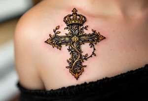 Cross and Crown – A golden cross with intricate vine patterns wrapping around it, topped with a royal crown symbolizing the sovereignty of Christ. tattoo idea