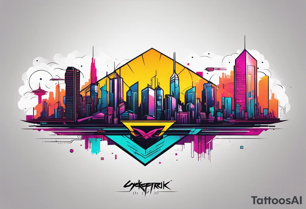 cyberpunk 2077, forearm tattoo, geometric, subtle, men, city skyline, bright colour, tattoo idea