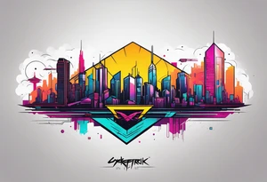 cyberpunk 2077, forearm tattoo, geometric, subtle, men, city skyline, bright colour, tattoo idea