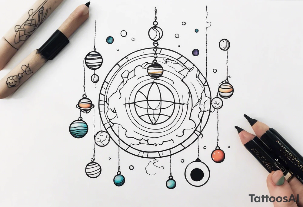 Human hand dangling planets from fingertips tattoo idea