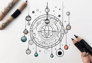 Human hand dangling planets from fingertips tattoo idea