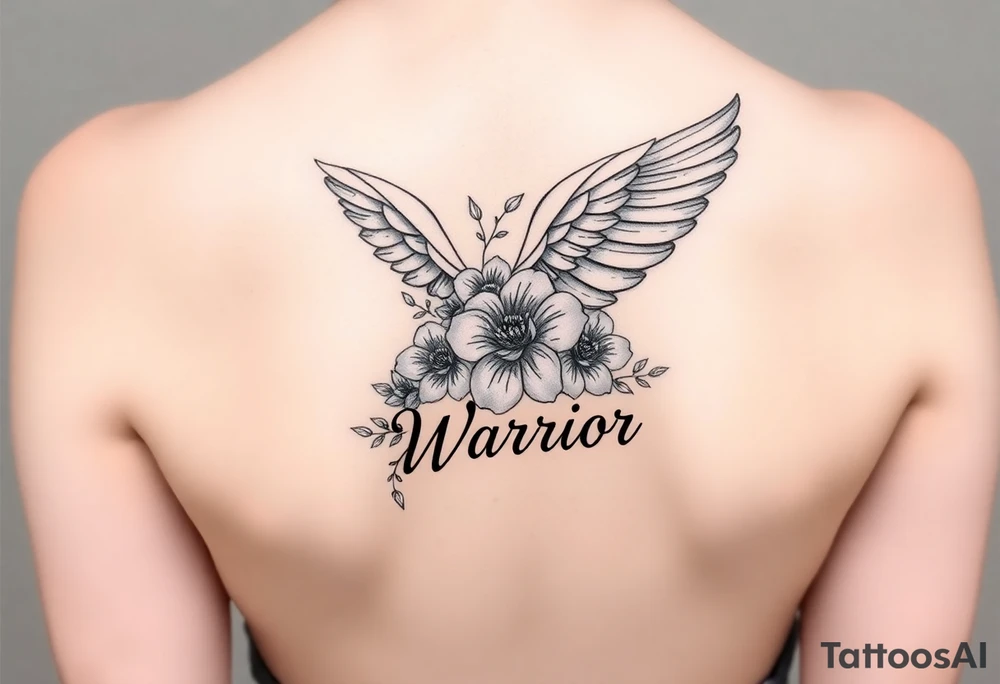 beautiful single angel wing with majestic flowers with word "Warrior" tattoo idea