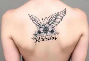 beautiful single angel wing with majestic flowers with word "Warrior" tattoo idea