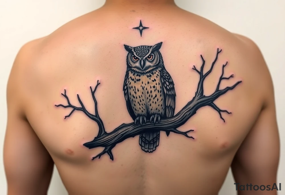 wise owl perched on ancient oak branch under starlit sky tattoo idea