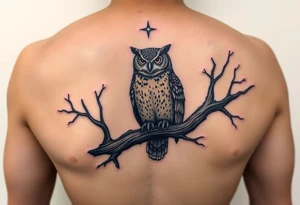 wise owl perched on ancient oak branch under starlit sky tattoo idea