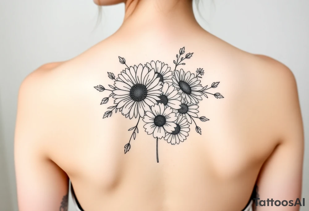 Flower bouquet with chrysanthemum, poppy, cosmo, daisy tattoo idea