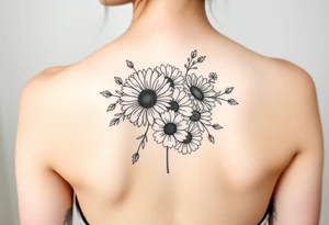 Flower bouquet with chrysanthemum, poppy, cosmo, daisy tattoo idea